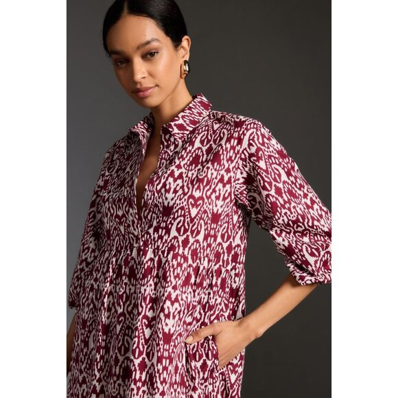 NWT Anthropologie Maeve The Bettina in Wine Bordeaux Ikat Tiered Shirt Dress L - Picture 3 of 12